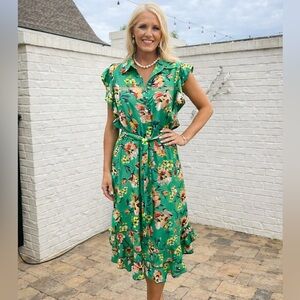 Ralph Lauren Green Floral Belted Dress Size 8